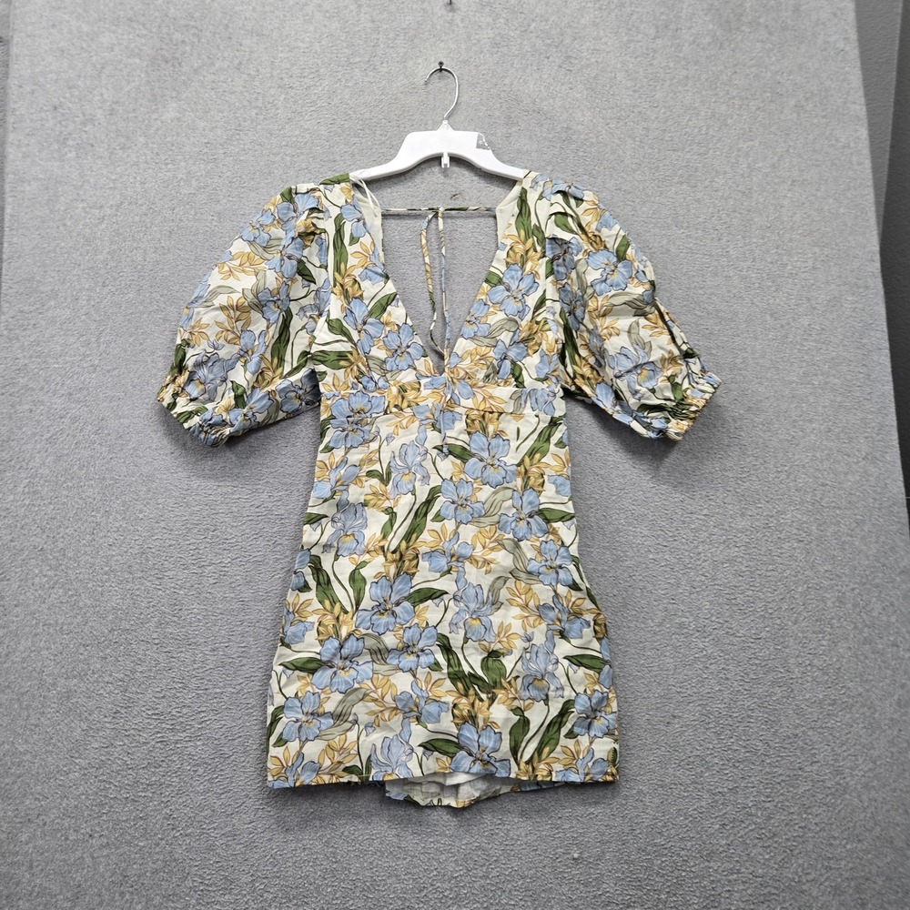 Amalie Women Dress US 6 Ivory Floral Indrisia Linen Puff Sleeve Bodycon Mini
